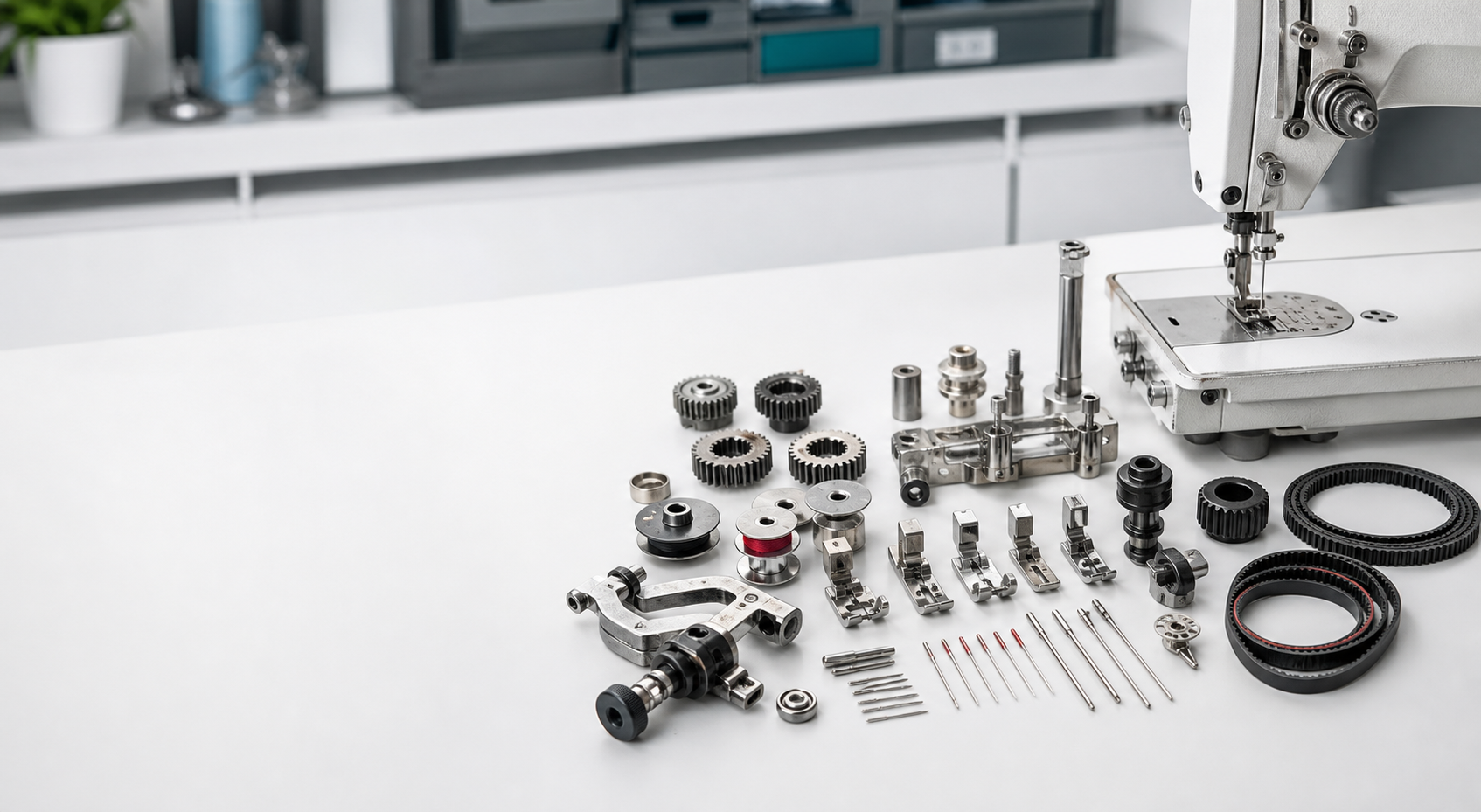 Sewing machine spare parts arranged on a repair bench